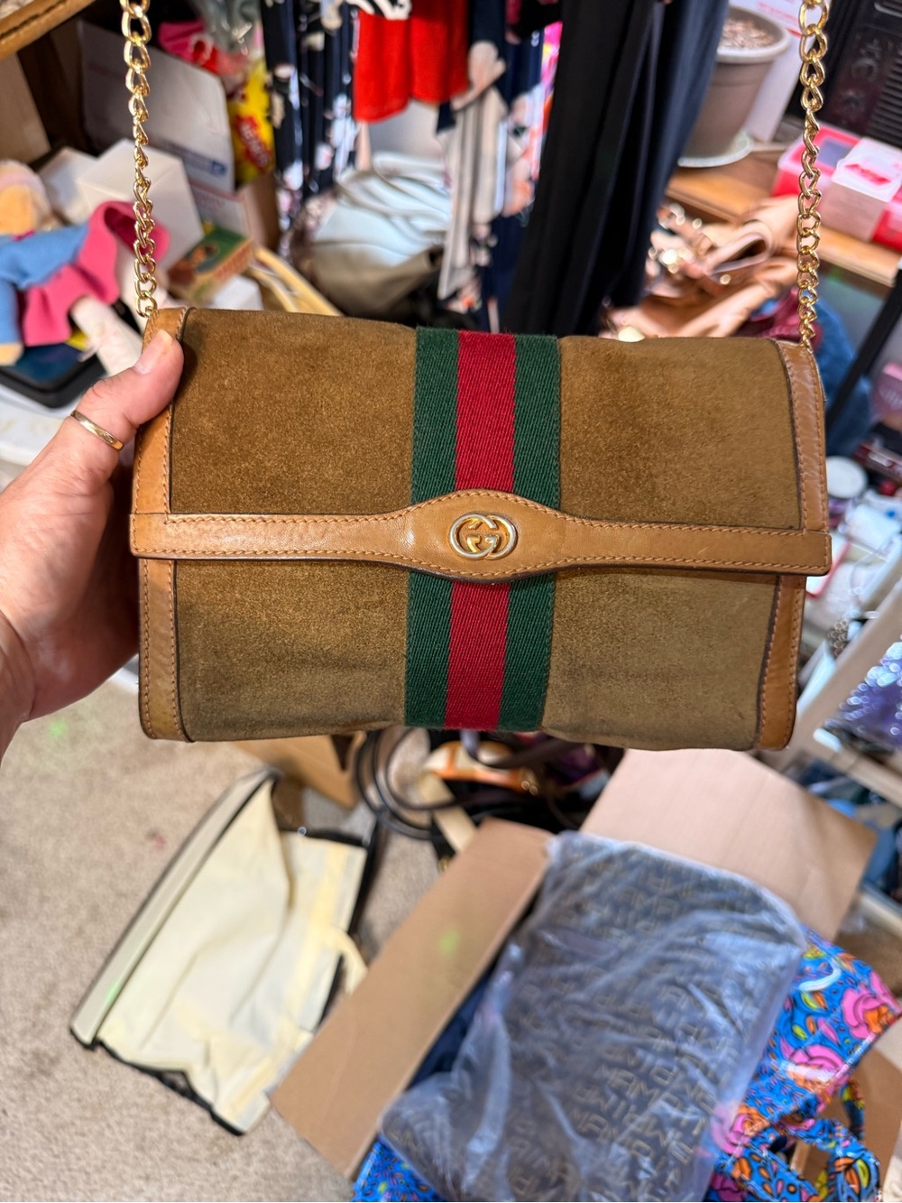 Gucci Brown Suede Shoulder Bag with Green and Red Web Stripe